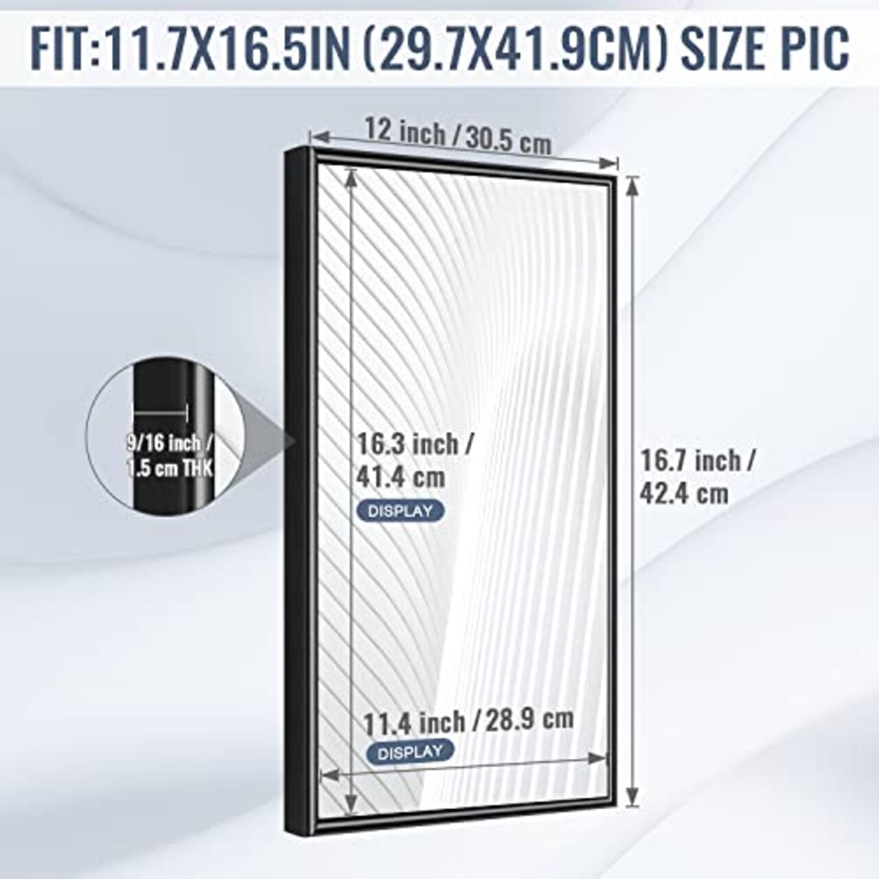 A3 Poster Picture Frame, 11.7x16.5 Black Aluminum Photo Frame with High Definition Acrylic and Thin Smooth Metal Frame for Wall Mounting and Displaying